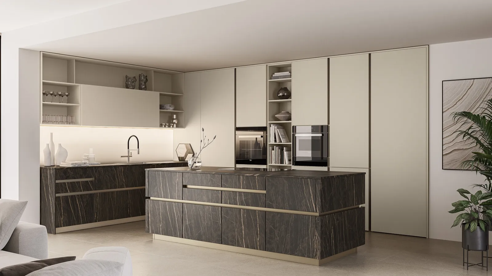 Modern kitchen with iconic island 07 in lacquer and ceramic by Veneta Cucine.