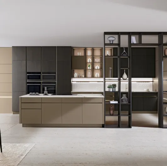 Modern kitchen with iconic 01 island in smooth and fluted Cappuccino glass, base columns and wall units in dark Ash from Veneta Cucine.