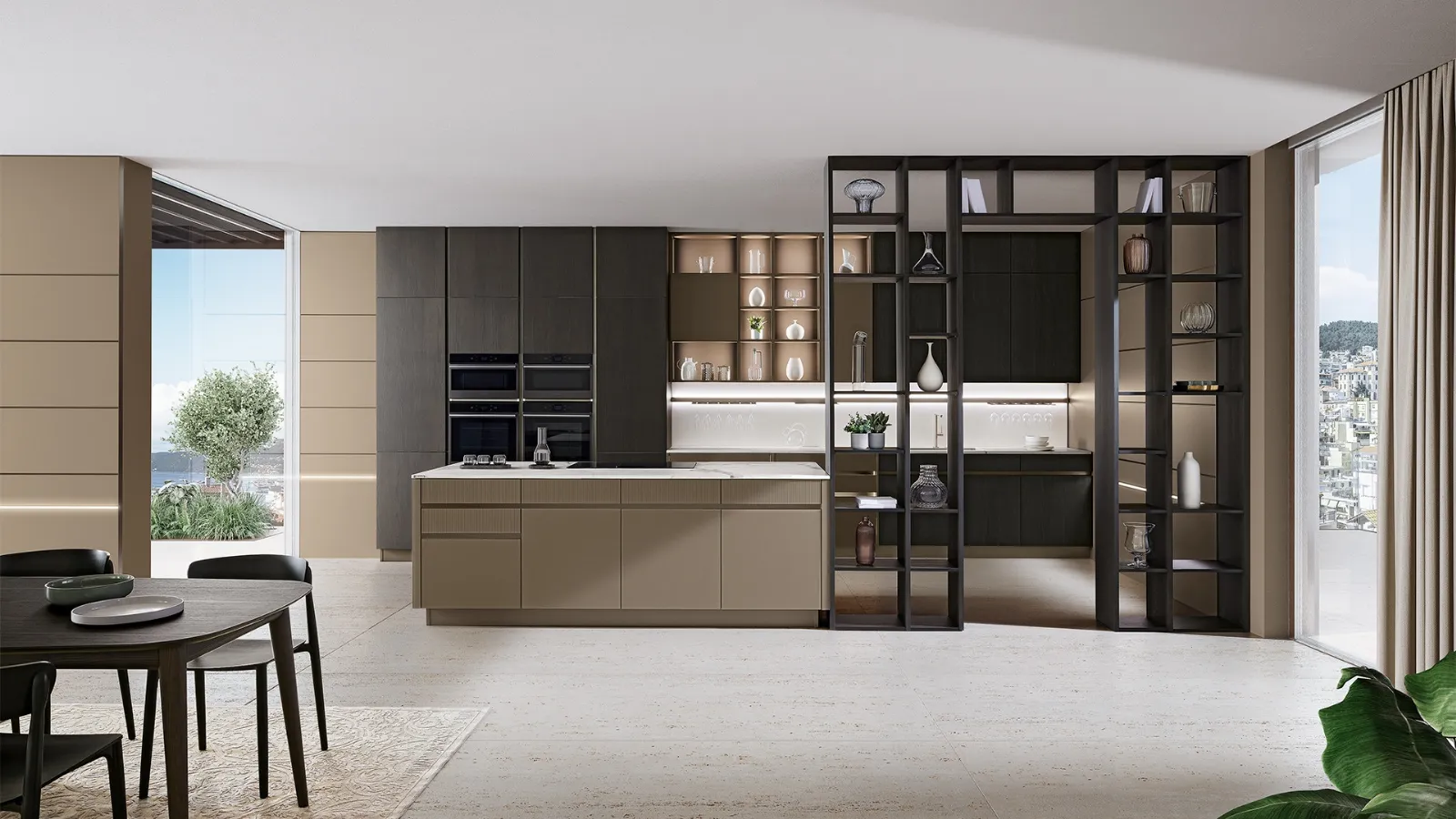 Modern kitchen with iconic 01 island in smooth and fluted Cappuccino glass, base columns and wall units in dark Ash from Veneta Cucine.