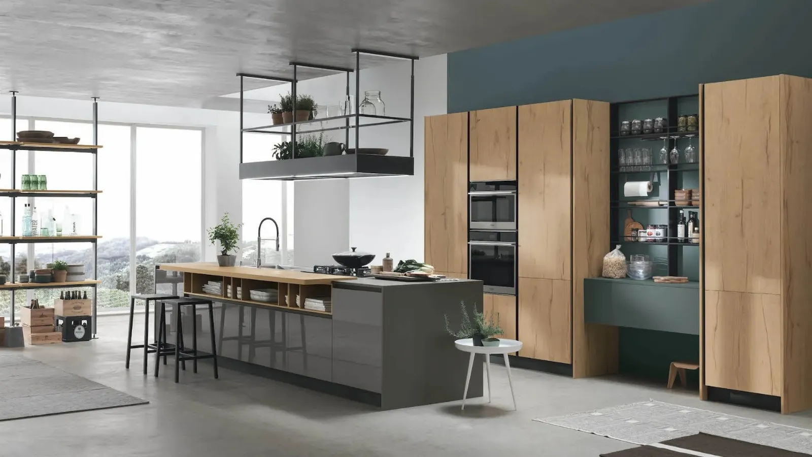 Modern kitchen with slate glossy lacquered island and natural Oak Infinity 15 by Stosa.