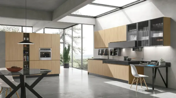 Modern Corner Kitchen Karma 08 in Thermally Structured Essence Oak by Stosa