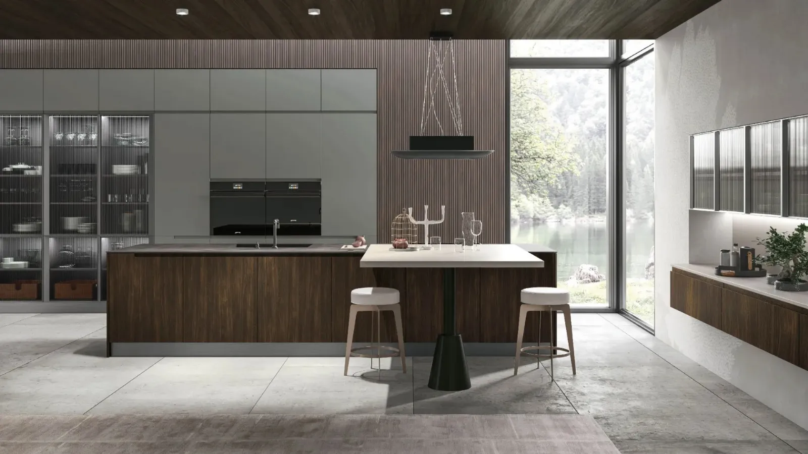 Modern kitchen with Karma 08 island in Cork Oak and Thyme lacquered by Stosa