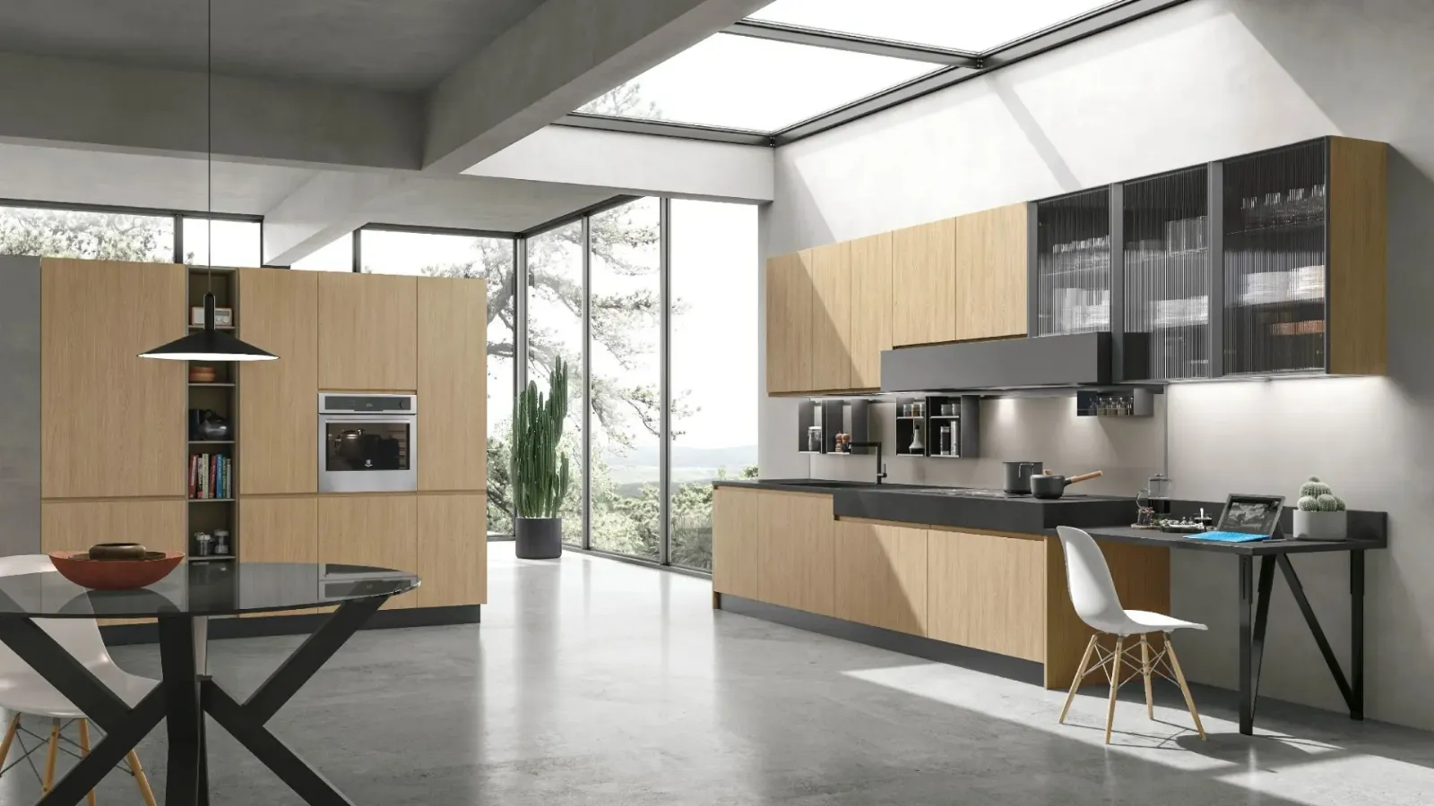 Modern Corner Kitchen Karma 08 in Thermally Structured Essence Oak by Stosa
