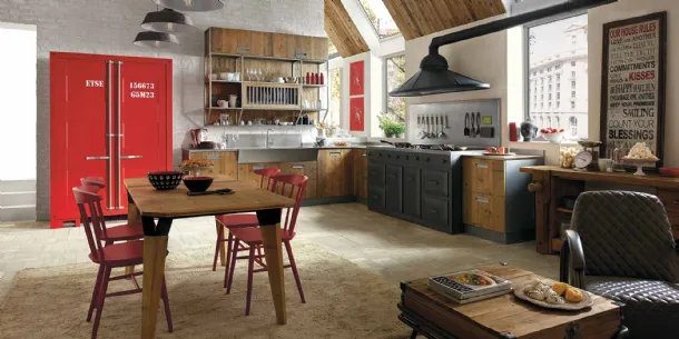Modern angular kitchen Lab 40 in lacquered and natural wood by Marchi.