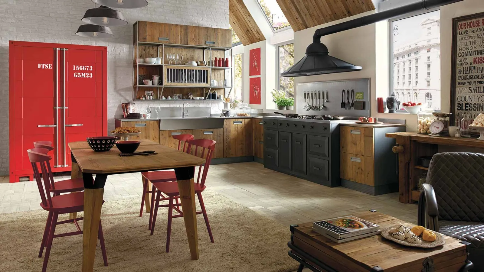Modern angular kitchen Lab 40 in lacquered and natural wood by Marchi.