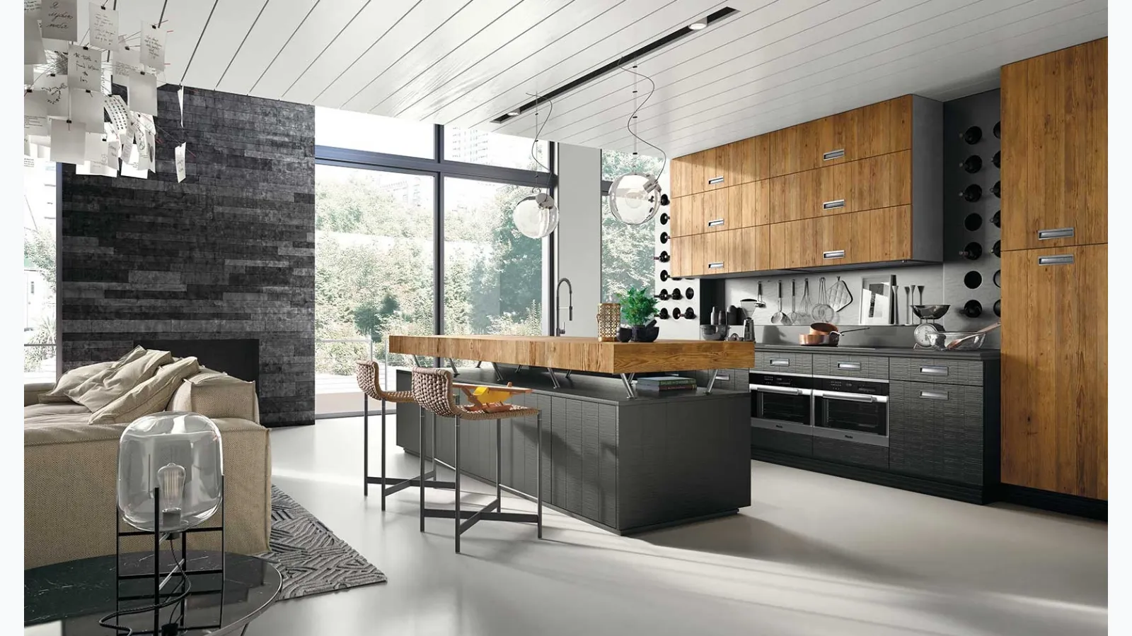 Modern kitchen with Lab 40 peninsula in lacquered and natural wood by Marchi.