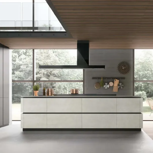 Modern kitchen with Metropolis 10 island in pet and Cemento Bianco materico by Stosa