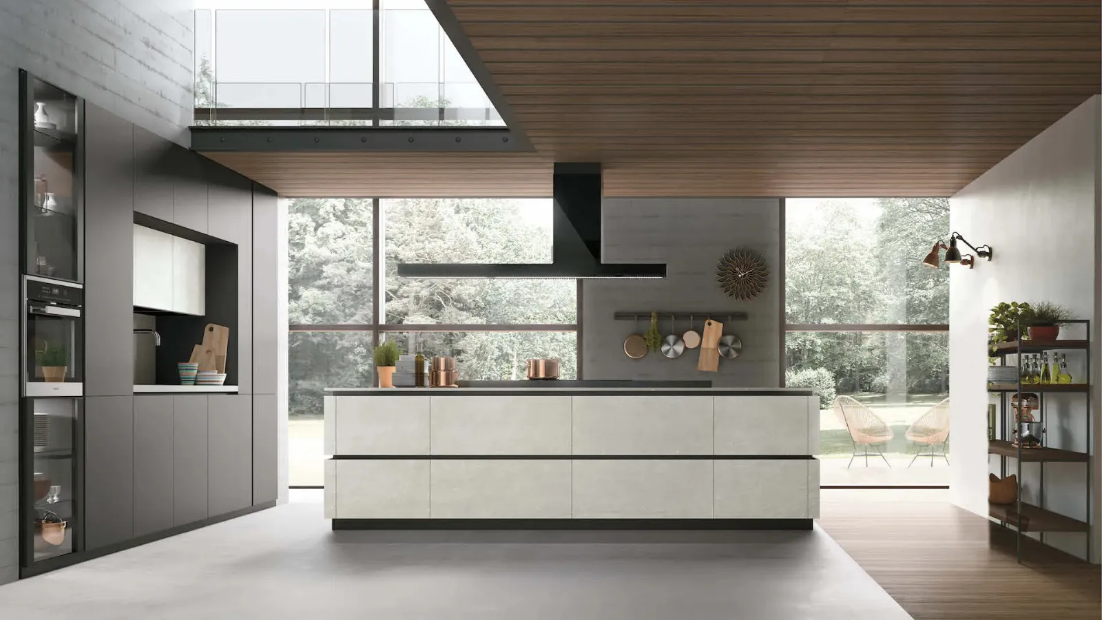 Modern kitchen with Metropolis 10 island in pet and Cemento Bianco materico by Stosa