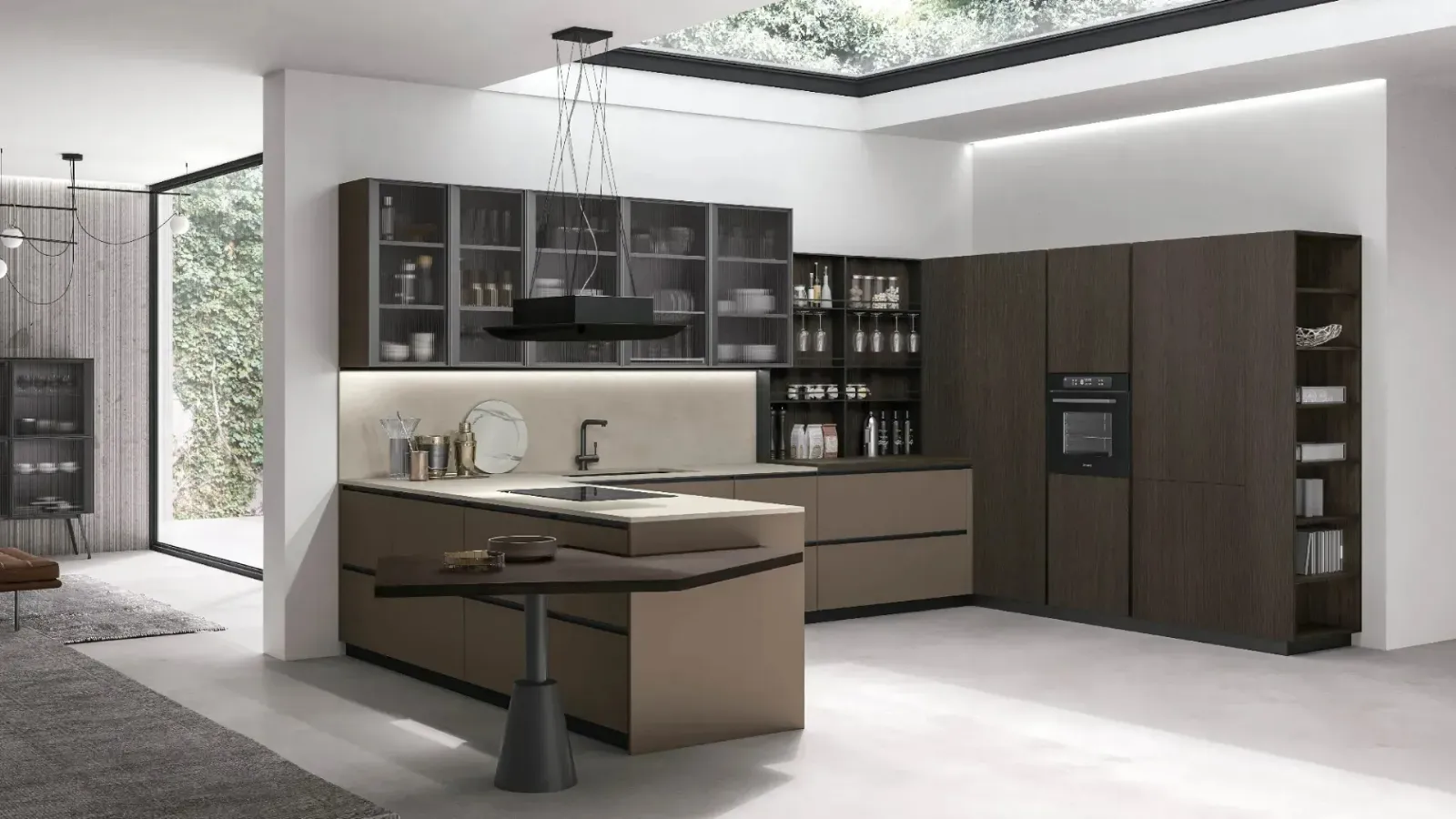 Modern Kitchen with Metropolis 10 Peninsula in Pet Coffee and Rovere Conero by Stosa