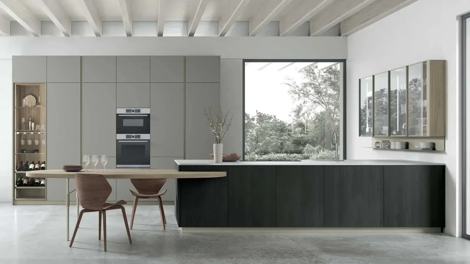 Modern Kitchen in Grey Smoke PET with Larice Noir Metropolis 15 Peninsula by Stosa