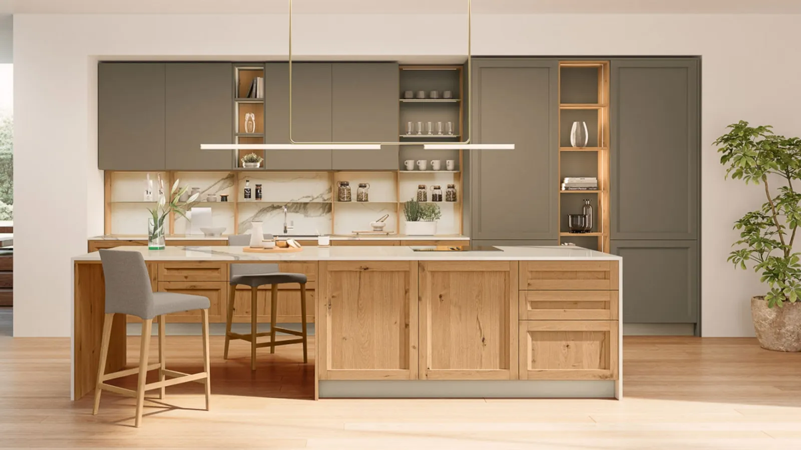 Modern oak kitchen with peninsula Milano 01 by Veneta Cucine