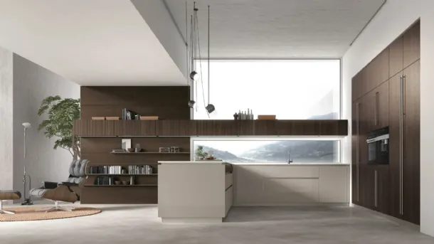 Modern kitchen with Natural 02 peninsula in lacquered and Oak by Stosa.
