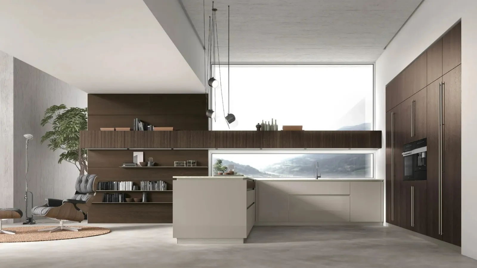 Modern kitchen with Natural 02 peninsula in lacquered and Oak by Stosa.