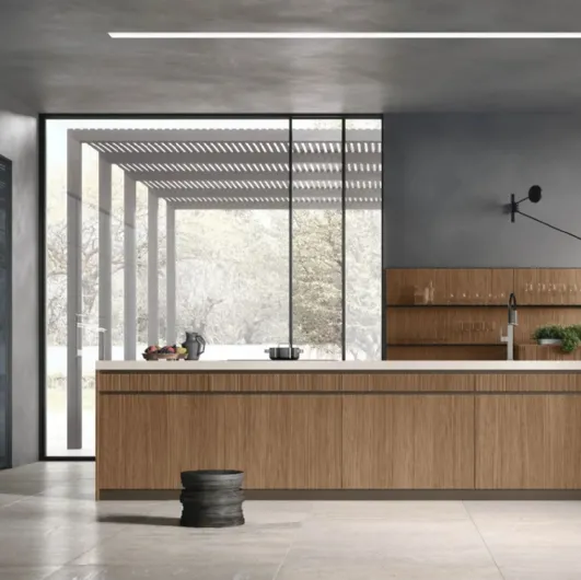 Modern Kitchen with Natural 03 Walnut Island and Glossy Lacquered finish by Stosa
