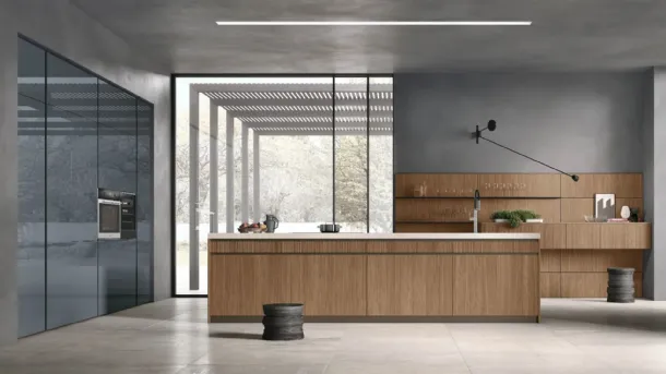 Modern Kitchen with Natural 03 Walnut Island and Glossy Lacquered finish by Stosa