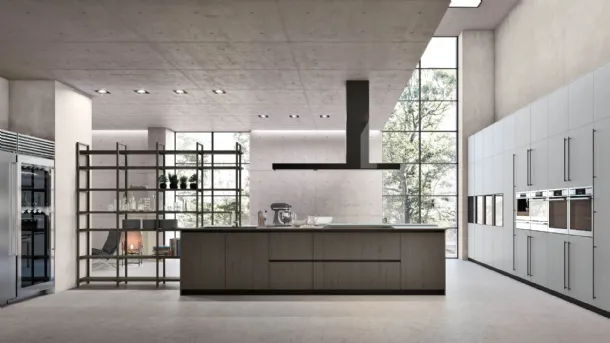 Modern kitchen with Natural 07 Oak island and lacquered finish by Stosa.