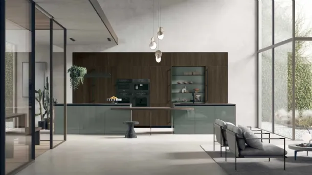 Modern kitchen with Color Trend 09 island in Cannetted Thermocooked Oak and glossy Thyme lacquered by Stosa.