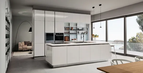 Modern Kitchen with Oyster 05 peninsula in glossy lacquer by Veneta Cucine