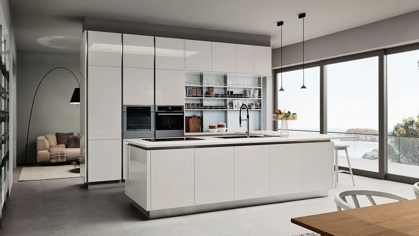 Modern Kitchen with Oyster 05 peninsula in glossy lacquer by Veneta Cucine