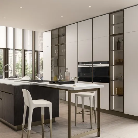 Modern kitchen with Ri-flex 01 island in glass and dark ash by Veneta Cucine