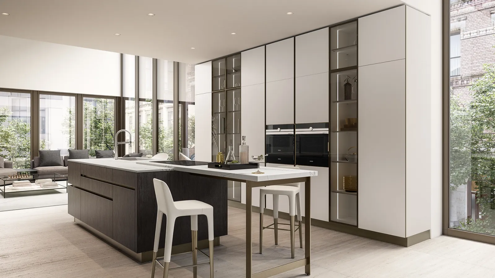 Modern kitchen with Ri-flex 01 island in glass and dark ash by Veneta Cucine