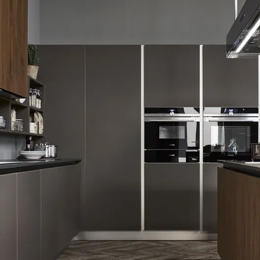 Modern Ri-flex 02 kitchen with island in ancient Elm wood and matte lacquered Olive Brown glass by Veneta Cucine.