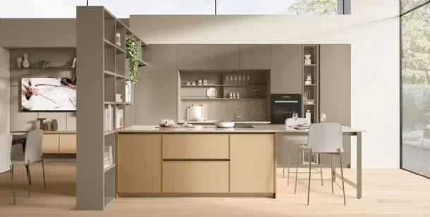 Modern kitchen with Sakura 06 peninsula in matte Alabaster glass and Oak by Veneta Cucine