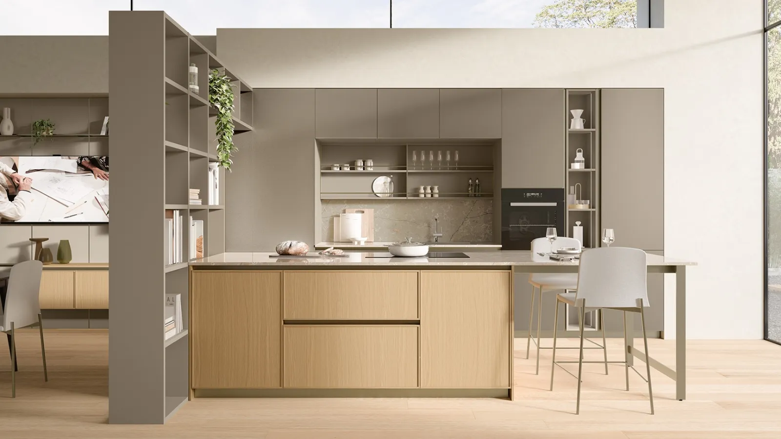 Modern kitchen with Sakura 06 peninsula in matte Alabaster glass and Oak by Veneta Cucine
