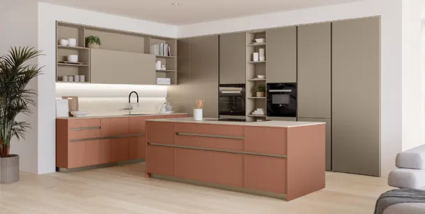 Modern kitchen with Sakura 03 island in matte Red Ash Babila and Alabaster lacquered by Veneta Cucine