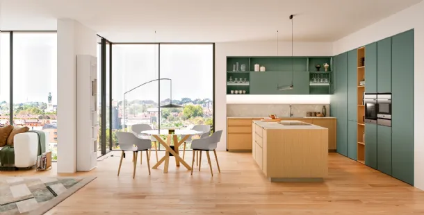 Modern kitchen with the Sakura 03 island in Ikebana oak and Minerva Green lacquer by Veneta Cucine.