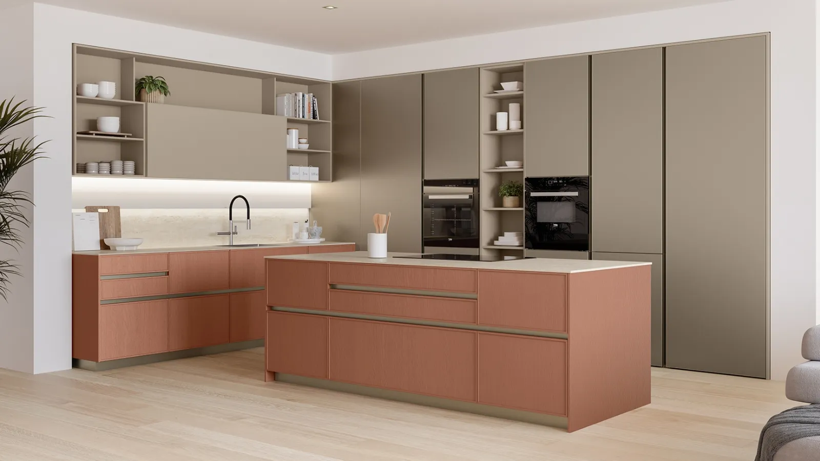 Modern kitchen with Sakura 03 island in matte Red Ash Babila and Alabaster lacquered by Veneta Cucine