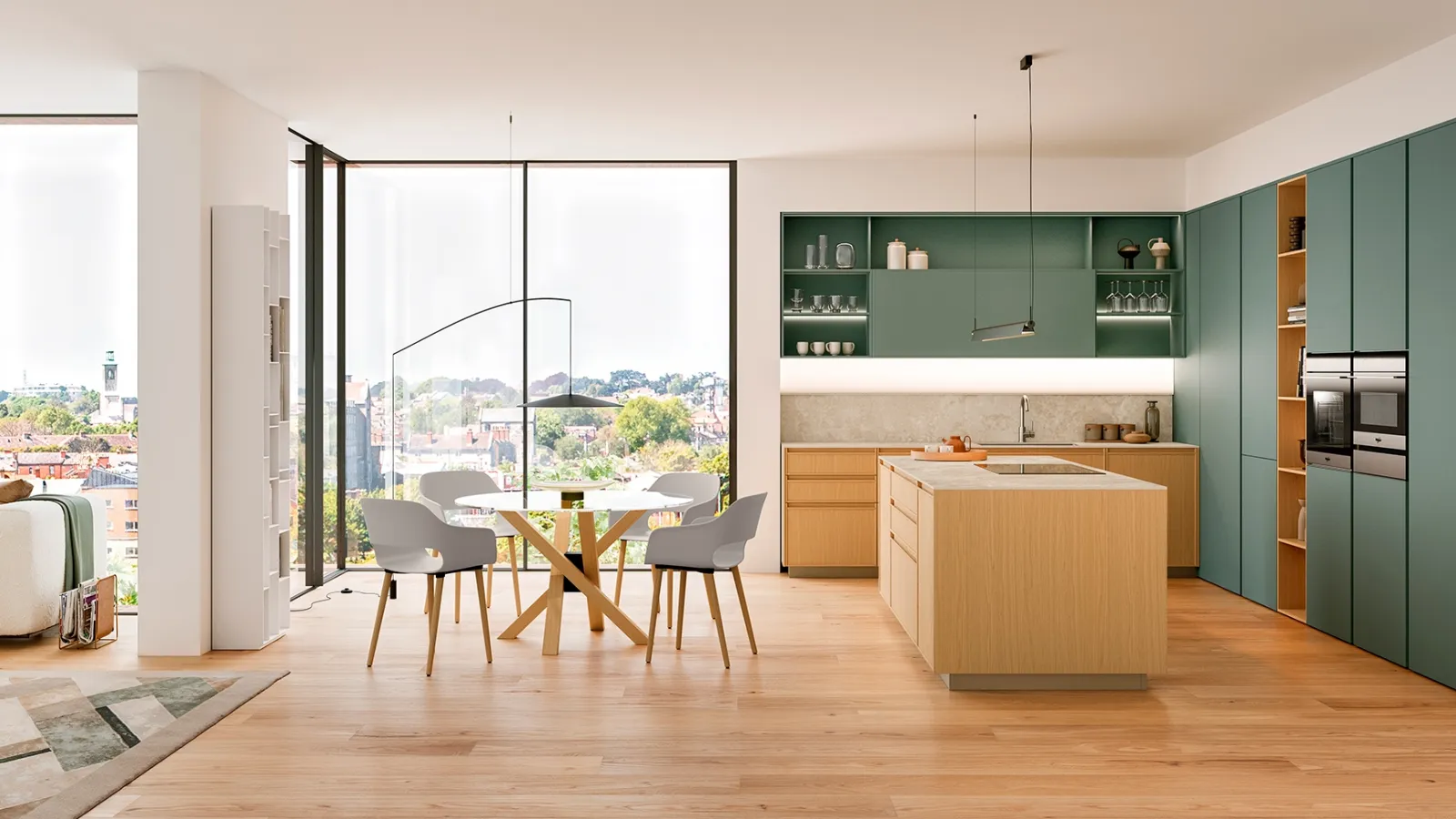 Modern kitchen with the Sakura 03 island in Ikebana oak and Minerva Green lacquer by Veneta Cucine.