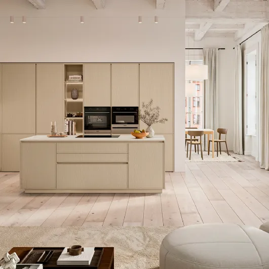 Modern Kitchen with Sakura 04 Island in Beige Lacquered Ash by Veneta Cucine