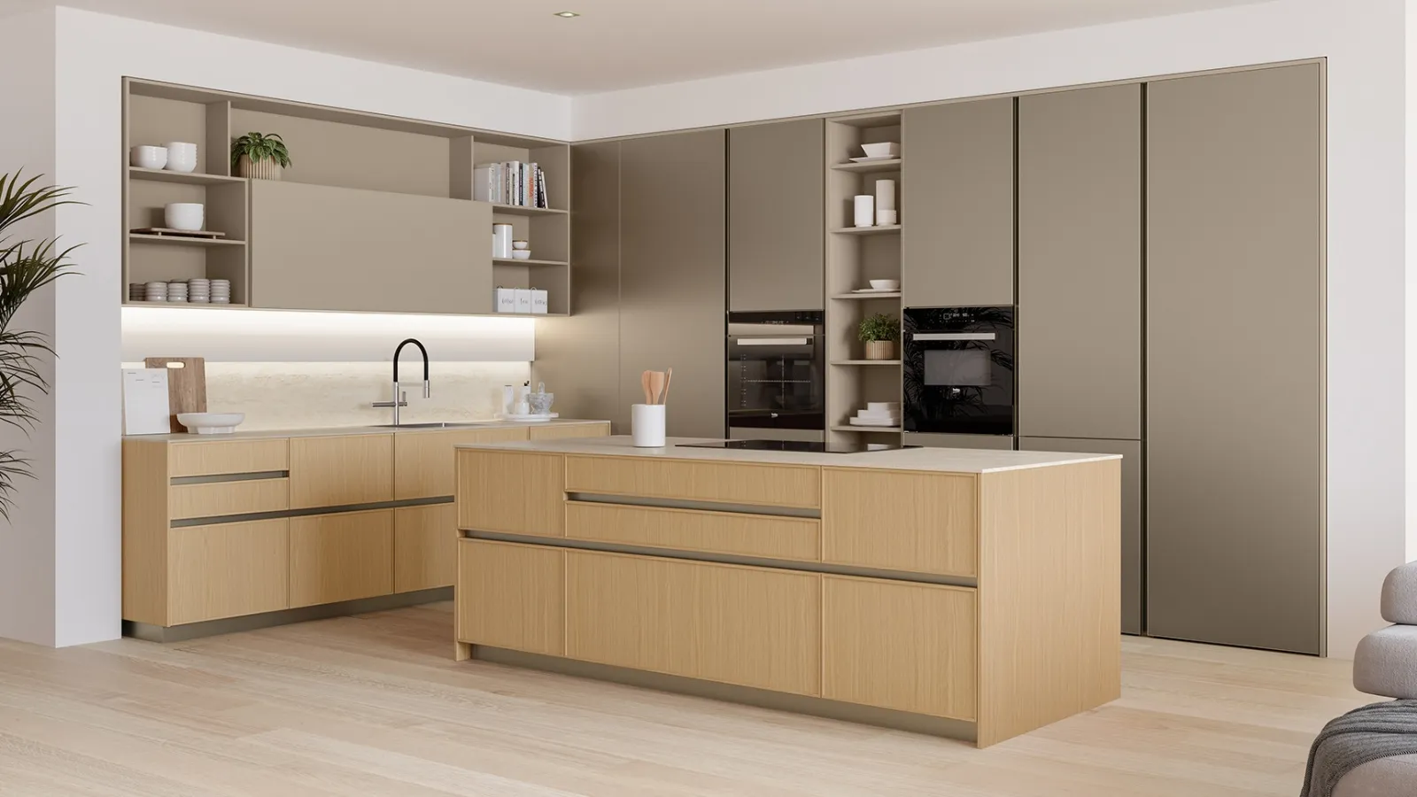 Modern kitchen with Sakura 04 island in Oak Ikebana and Veneta Cucine's Alabaster lacquer.