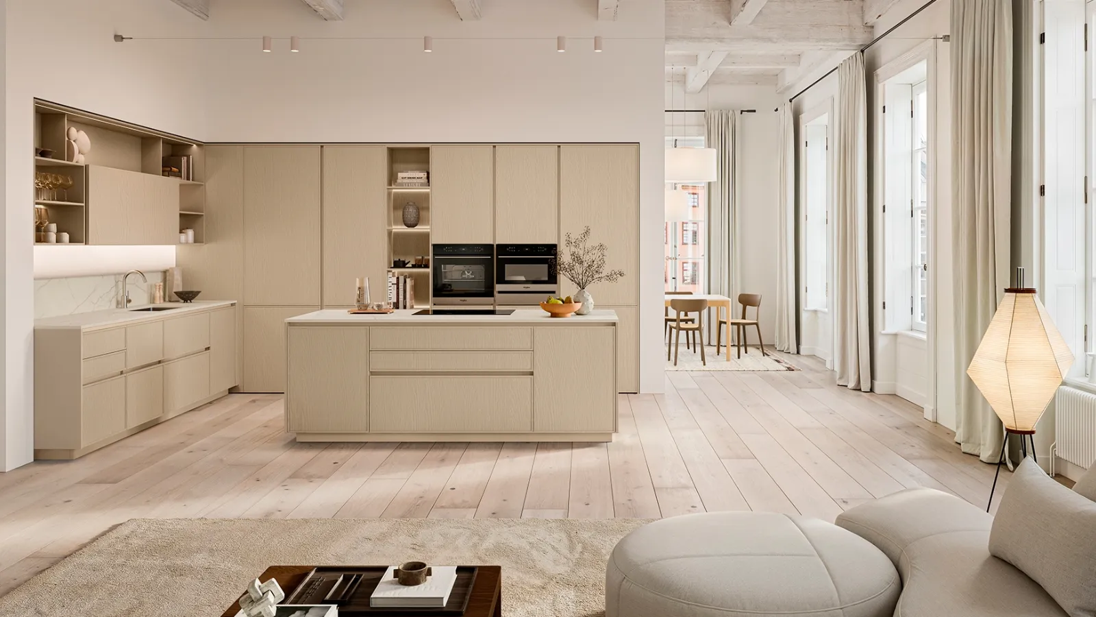 Modern Kitchen with Sakura 04 Island in Beige Lacquered Ash by Veneta Cucine