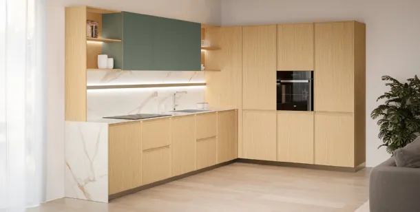 Modern angular Sakura 05 kitchen in Ikebana Oak by Veneta Cucine.