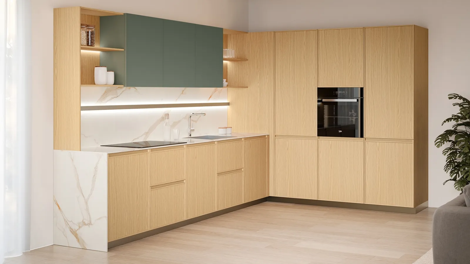 Modern angular Sakura 05 kitchen in Ikebana Oak by Veneta Cucine.