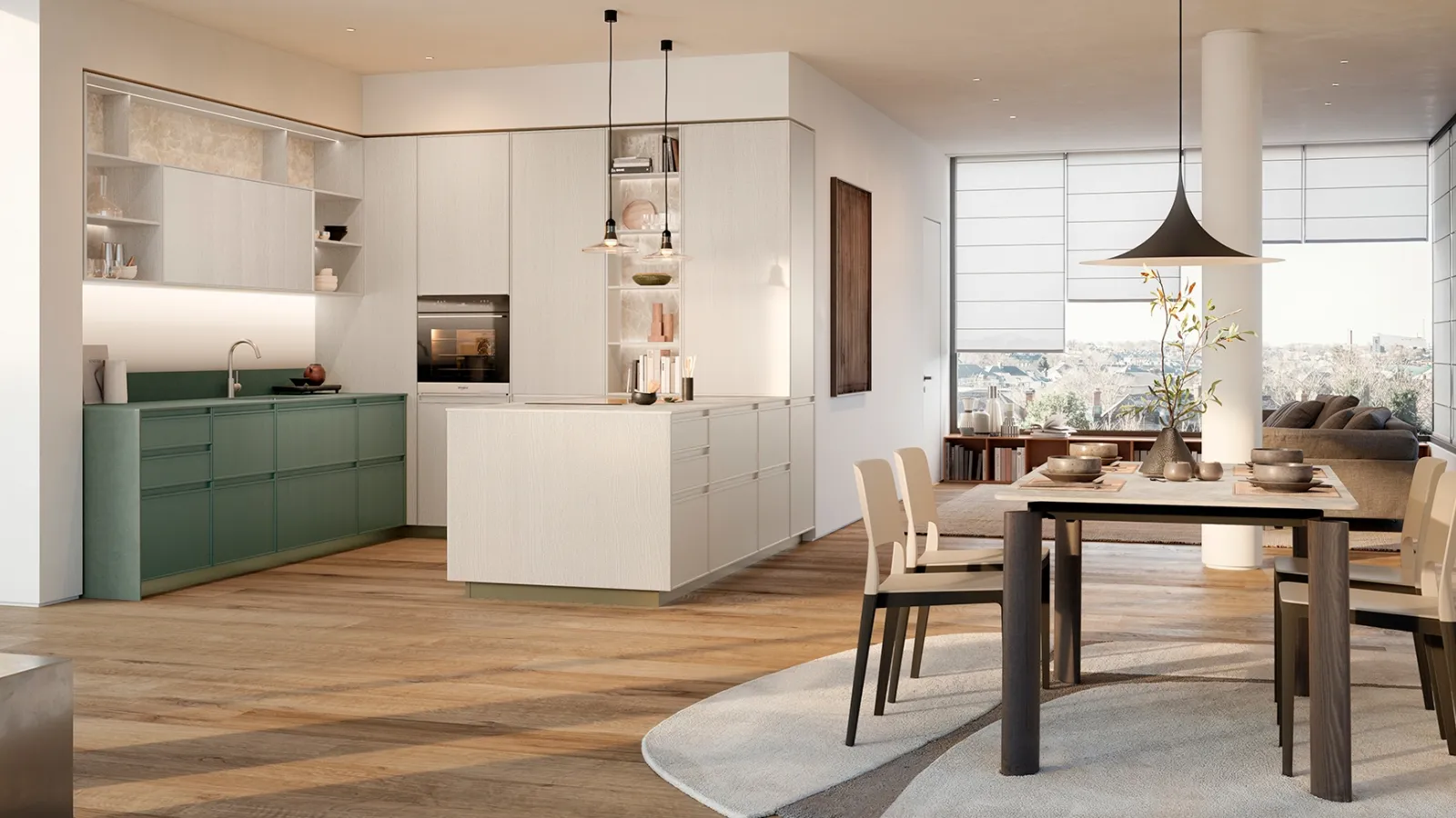 Modern kitchen with the Sakura 07 island in matte lacquered green ash and cream lacquered ash by Veneta Cucine.
