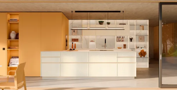 Modern kitchen with Sakura 11 island in white lacquered ash and matte peach lacquer by Veneta Cucine.