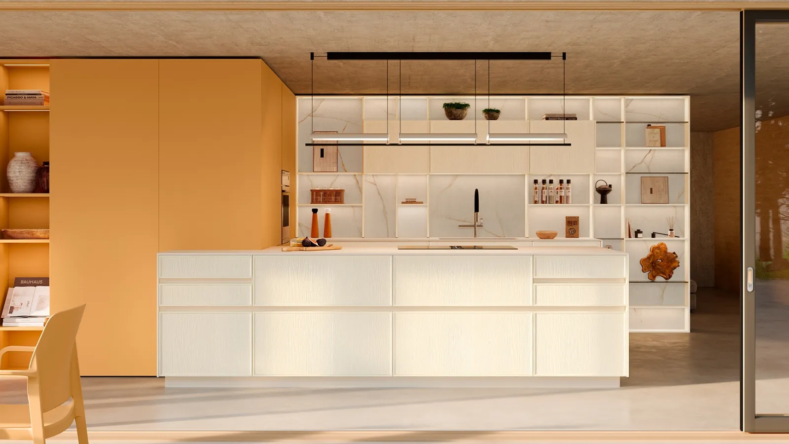 Modern kitchen with Sakura 11 island in white lacquered ash and matte peach lacquer by Veneta Cucine.
