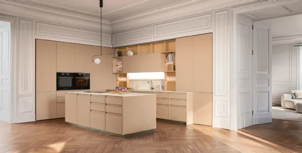 Modern kitchen with Sakura 14 island in lacquered ash 