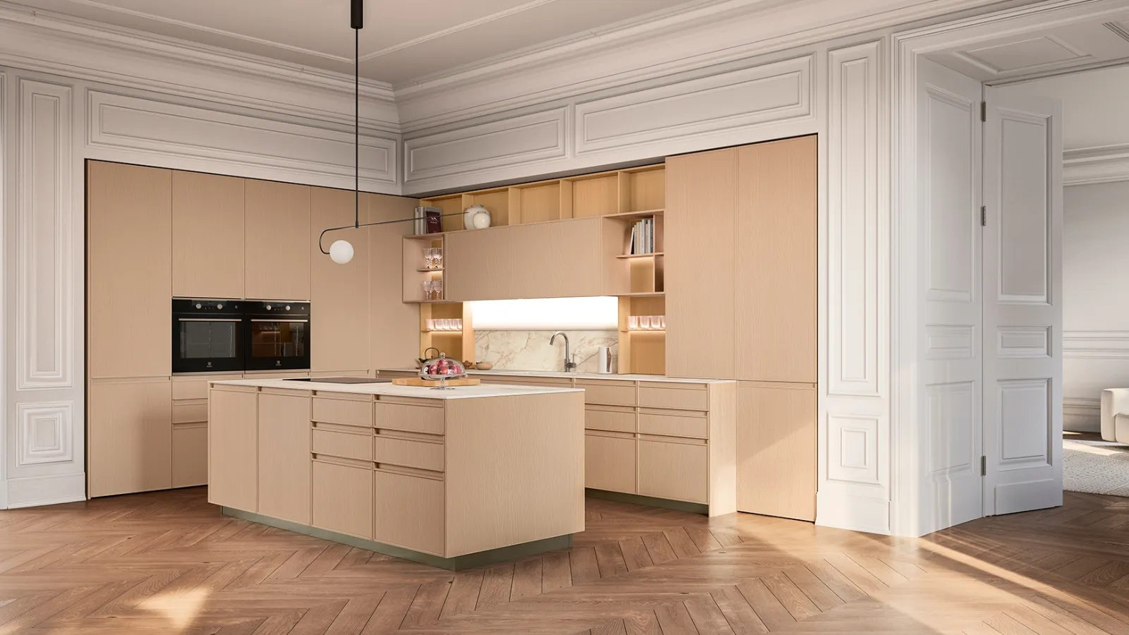 Modern kitchen with Sakura 14 island in lacquered ash 