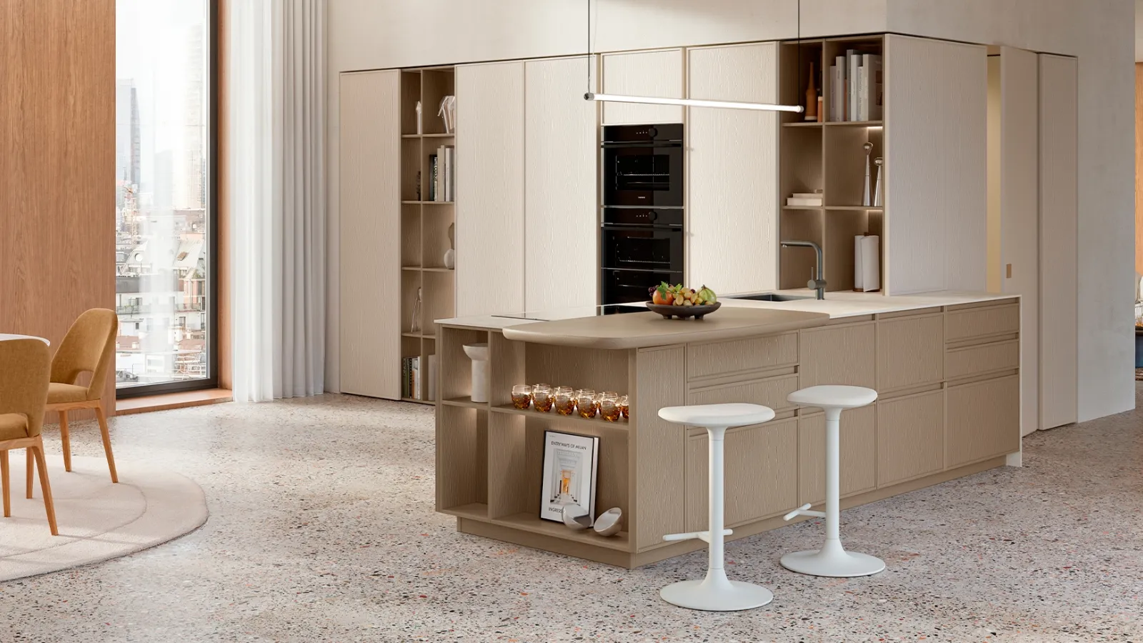 Modern kitchen with Sakura 19 peninsula in lacquered ash, brown and cream by Veneta Cucine