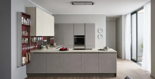 Modern kitchen Start-Time 06 with dark Scratched finish peninsula and light Rovere Play by Veneta Cucine