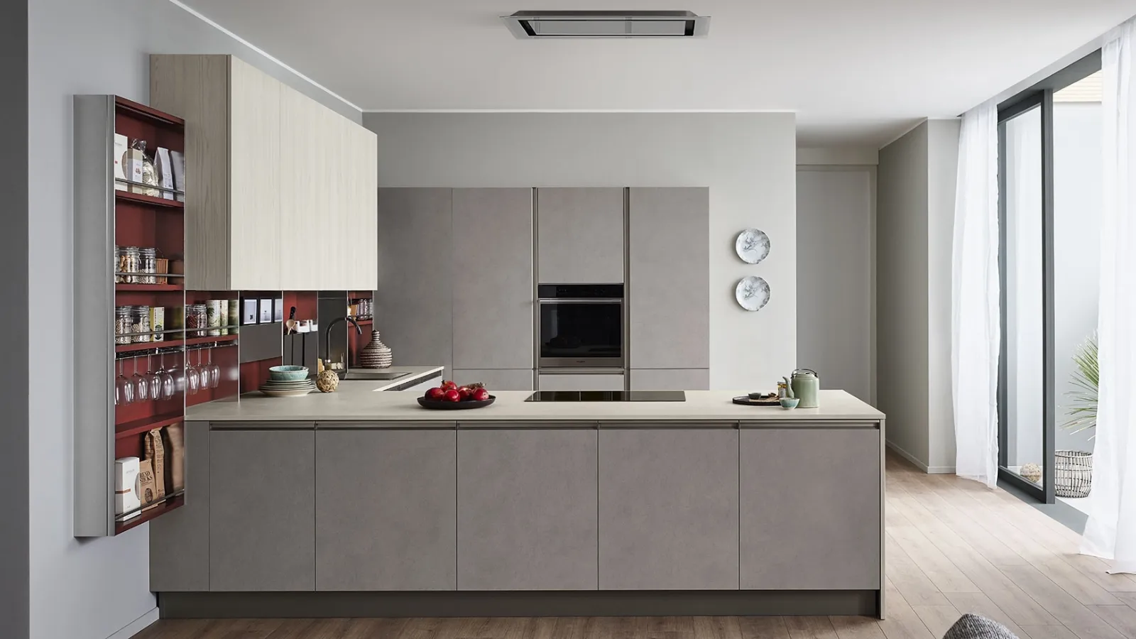 Modern kitchen Start-Time 06 with dark Scratched finish peninsula and light Rovere Play by Veneta Cucine