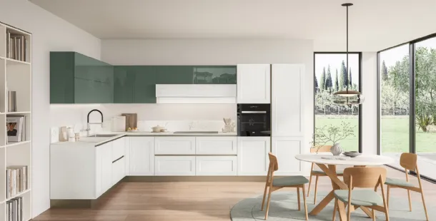 Modern Kitchen Tablet 02 in Sequoia White and Thyme Green lacquered finish by Veneta Cucine