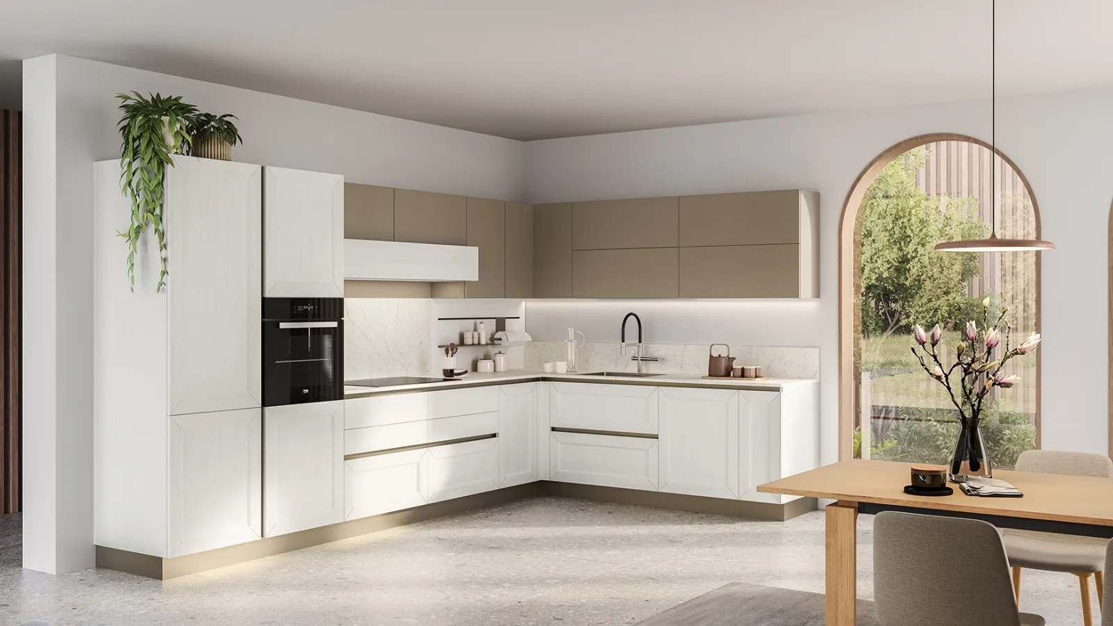 Modern Kitchen Tablet 02 in lacquered Sequoia White and Veneta Cucine Coffee