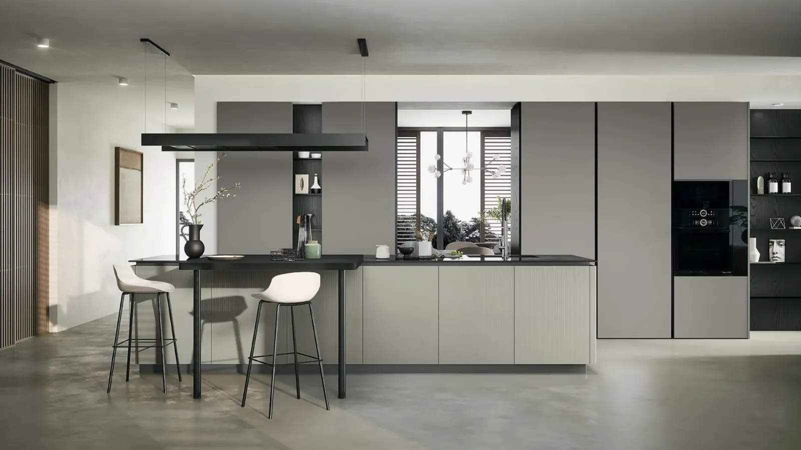 Modern kitchen with Trend 01 island in glass and fenix by Forma Cucine.