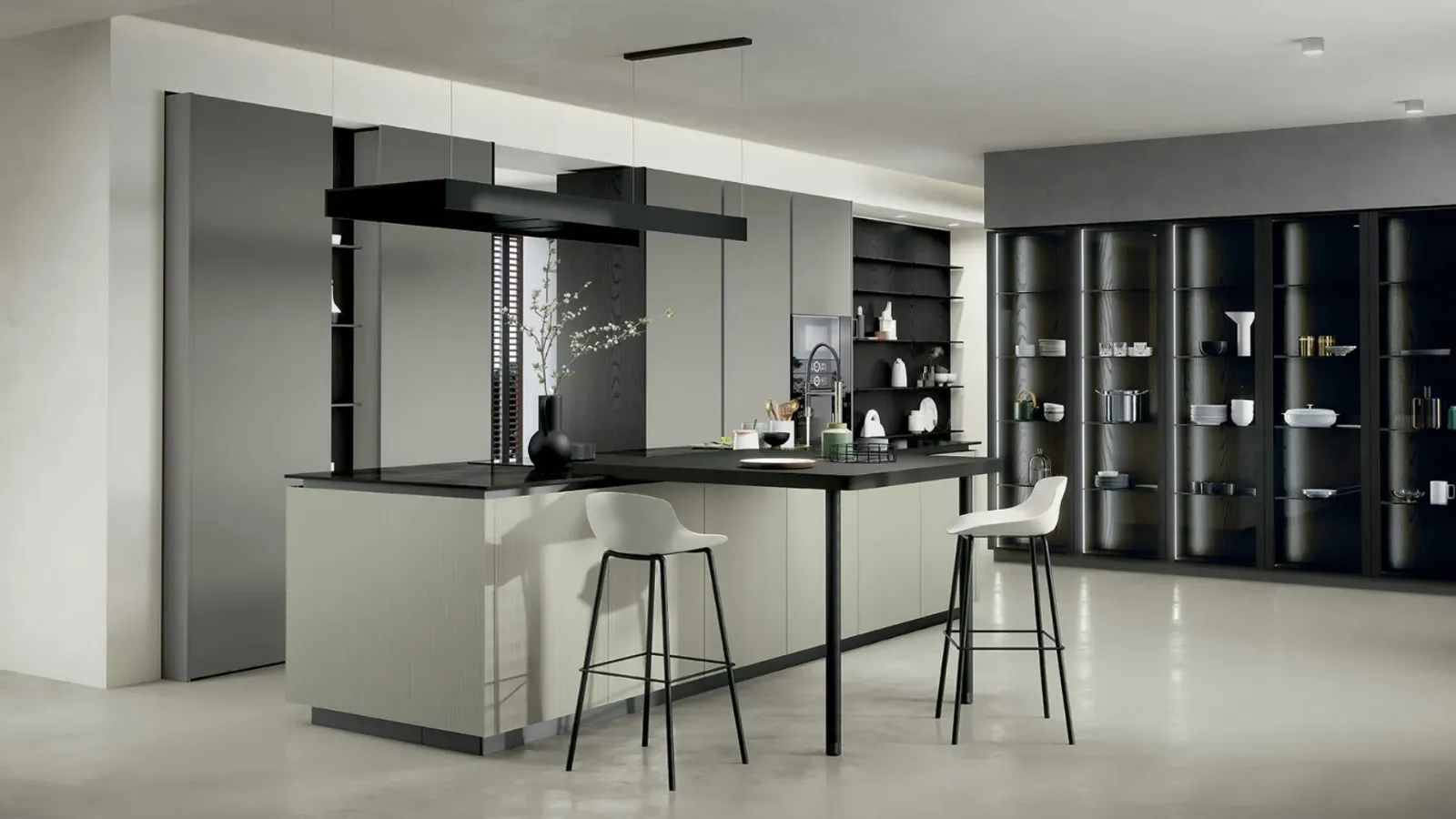 Modern kitchen with Trend 01 island in glass and Fenix by Forma Cucine