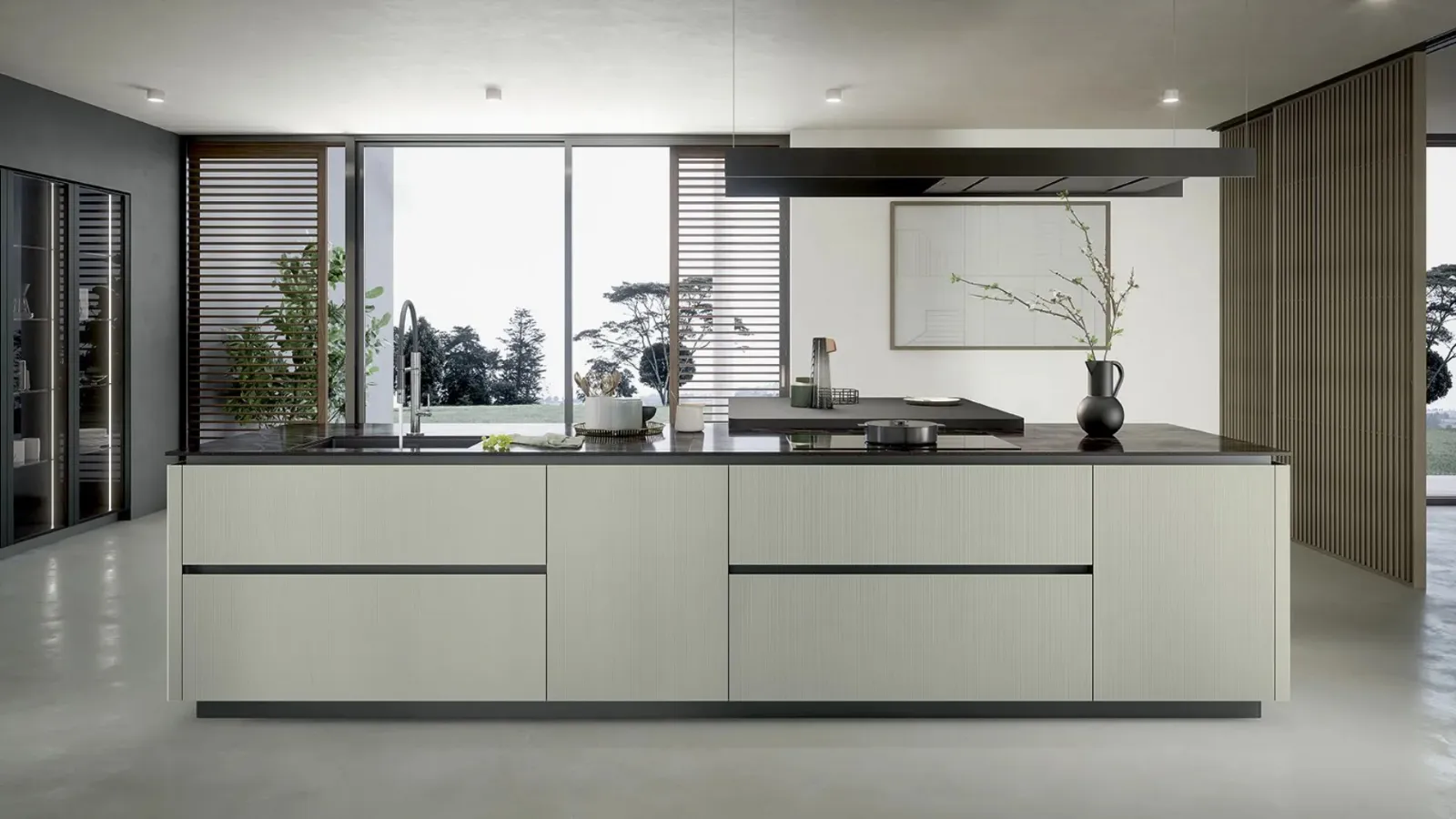 Modern kitchen with Trend 01 glass and fenix island by Forma Cucine.